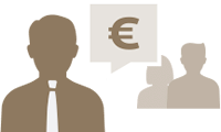 Grafik mit Person und Sprechblase mit Eurozeichen im Vordergrund, zwei weitere Personen im Hintergrund
