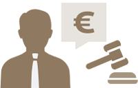 Grafik mit männlicher Person, Sprechblase mit Eurozeichen und Gerichtshammer